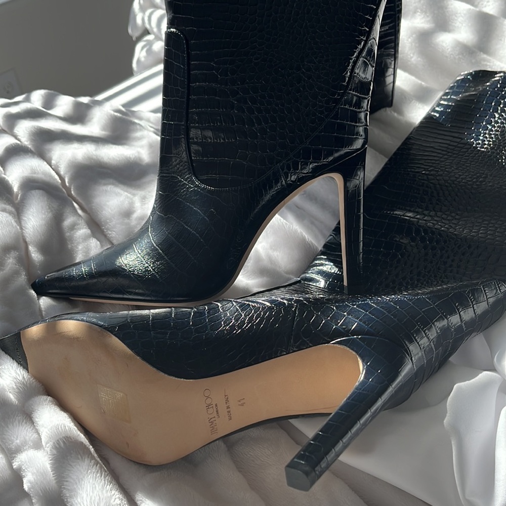 New Jimmy Choo Blue Mavis 100 Navy Croc Embossed Leather Knee High Boots - Picture 2 of 8
